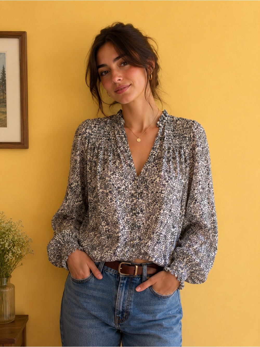 Free People Floral V-Neck Smocked Blouse
